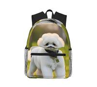 DRTGEDS Bichon Frise Dog On The Grass Backpacks Lightweight Bookbag with 1 Main Compartment, Front Use Pocket with Built-In, blackone, One Size