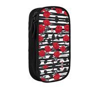 DRTGEDS Black and White Stripes Red Rose Flowers Pencil Case, Multi-Compartment Pencil Case, Portable Pencil Case, Colored Pencil Case for Office