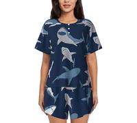 DRTGEDS Blue Cartoon Shark Womens Pajamas Short Sleeve Lounge Set Crew Neck Tops Shorts Pj Sets Soft Sleepwear, Black, M