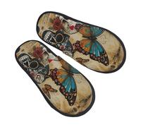 DRTGEDS Butterfly Sugar Skull Printed Fuzzy Slippers, Comfortable Portable Hotel Slippers, Travel Gifts for Women Men, Black/White, 5 UK