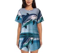 DRTGEDS Cute Dolphin Pajamas Sets For Women Soft Short-Sleeved Pjs With Lounge Shorts Two Piece Sleepwear, Black, L
