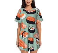 DRTGEDS Delicious Sushi Pajamas Sets For Women Soft Short-Sleeved Pjs With Lounge Shorts Two Piece Sleepwear, Black, S