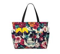 DRTGEDS Flowers Skull Ornamental Beach Bag and Pool Bag for Women Ton of Pockets. Beach Tote is Zippered Gym Bag Travel, Black, One Size