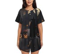 DRTGEDS Halloween Goth Pajamas Sets For Women Soft Short-Sleeved Pjs With Lounge Shorts Two Piece Sleepwear, Black, M