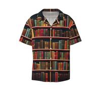 DRTGEDS Library Bookshelf Book Mens Casual Button Down Shirt Short Sleeve Cuban Shirts Printed Summer Shirt, Black, Large
