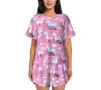 DRTGEDS Many Unicorns Womens Pajamas Short Sleeve Lounge Set Crew Neck Tops Shorts Pj Sets Soft Sleepwear, Black, XL