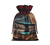 DRTGEDS New York Manhattan Bridge Night Printing 8.3x11.8 Inch Durable Color Matching Plaid Christmas Bag For Christmas Party Gift Wrapping