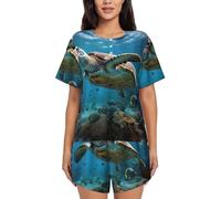 DRTGEDS Sea Turtles Pajamas Sets For Women Soft Short-Sleeved Pjs With Lounge Shorts Two Piece Sleepwear, Black, 4XL