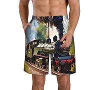 DRTGEDS Steam Little Train Men's Swim Trunks Quick Dry Summer Beach Shorts with Pockets and Mesh Lining, White, M