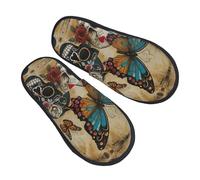 DRTGEDS sugar skulls butterfly printing Fall Winter Fuzzy Slippers Comfy House Shoes,Portable for Hotel Travel Gifts for Women and Men, Black, 5