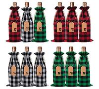 DRTRU Christmas Bottle Bags for Wine, Burlap Wine Bottle Bags, Buffalo Plaid Fabric Wine Bottle Bags with Drawstring & Tags, Reusable Wine Bottle Covers for Christmas, Birthday, Party, Wedding, 12pcs