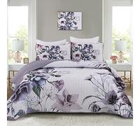Drucon Floral Quilt Set California King 3 Pieces Purple Floral Quilt Coverlet Set Soft Microfiber Lightweight Purple Quilted Bedspread for All Season 106"x96"