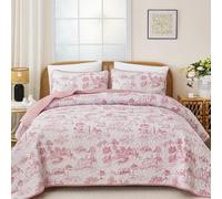 Drucon Toile Village Quilt Set Queen Size,Pink Botanical Quilts Bedspread for All Season,Soft Microfiber Bedding Coverlet Set 96"x90"(3 Pieces, Queen)