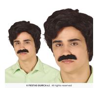 Drug Lord Mens Wig & Mustache Adults Fancy Dress Short Black Wig + Tash