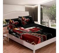 Drum Fitted Sheet Super King Size Music Theme 3D Fitted Sheets Deep Pocket 12 inch 30 cm Bottom Sheet Ultra Soft Microfibre Bedding Set with 2 Pillowcases a/419