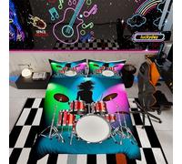 Drum Kit Bedding Set Rock Music Themed Duvet Cover For Kids Youth Teens Musical Pattern Comforter Cover Young Man Bedspread Bedroom Decor Quilt Cover 3Pcs Double Size