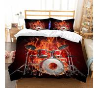 Drum Kit Single Duvet Cover Sets 135x200 cm Music Themes Bedding Set Red Microfiber Hypoallergenic Quilt Cover with Zipper Closure and 2 Pillowcases for Teens and Adults F-1191