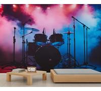 Drum Set Mural Wallpaper, Musical Instrument Wall Mural, Rock Style Bedroom Wallpaper, Music Wall Decor - 250x175cm (Not Peel n' Stick)