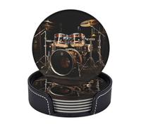 Drum Set Set of 6 Drink Coasters with Holder Leather Coasters Tabletop Protection Cup Mat for Bar Decorate Cup pad for Coffee Table Kitchen Dining Room
