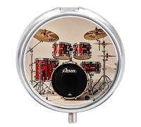 Drum Set-Standard Pill Box 3 Compartment Travel Pill Organizer with Small Mirror Portable Pillcase for Pocket & Purse Cute Round Medicine Case Weekly Medicine Container