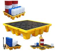 Drum Spill Containment Pallet, Leakproof Tray for Oil Drums, Modular Spill Prevention Platform with Top Grates, 130cm x 110cm x 30cm