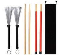 Drum Sticks Bag Set - 5A Maple Wood Drum Sticks 1 Pair Drum Wire Brushes Retractable Drum Stick Brush and 1 Pair Rods Drum Sticks for Jazz Acoustic Folk Music Lover Gift