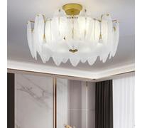 Drum White Feather Ceiling Light,Mid Century Frosted Glass Feather Chandelier Nordic Modern Large Semi Flush Mount Ceiling Light Boho Close to Ceiling Lamp for Girls Bedroom Kitchen Dining Room (Col