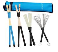 Drumbrush Set 4Pairs,Cahon Metal Wire Brushes,Jazz Nylon Brushes,Percussion,Bamboo Tie Rods,Birch Multi-Rod Bundle Sticks with Blue Drumstick Bag