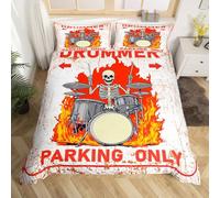 Drummer Music Fire Bedding Set Hip Hop Skull Comforter Cover Drum Skeleton Retro Duvet Cover Boys Girls Room Decor White Beige Orange Cot Bedding Collection 2Pcs,No Comforter