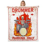 Drummer Music Fire Flannel Fleece Throw Blanket 60"x80" Hip Hop Skull Fuzzy Blanket for Sofa Couch Drum Skeleton Retro All Season Bed Blankets Plush Blankets,White Beige Orange