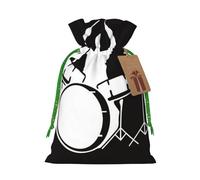 Drummer Printed Christmas Drawstring Bags with Green Christmas Ribbon - Reusable Burlap Drawstring Gift Pouches, S