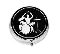 Drummer Printed Round Travel Pill Box Cute Small Metal Pocket Pill Case for Men & Women 3 Compartment Portable Pill Organizer for Purse or Pocket