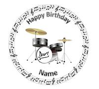 Drums with Music Note Frame Circle Cake Edible Icing or Wafer Topper 7.5 inch Personalised (Wafer)
