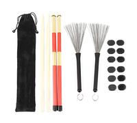 Drumstick Kit with Rute Brush and Damper, 5A Maple Wood Drum Sticks, Retractable Wire Brush, Rubber - Tip Stick, Self - Adhesive Drum Mute for Drum Set Accessories with Velvet Pouc (M02763 black)
