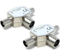 DRUT 2pcs. TV Antenna Adapter Distributor Splitter, 1 Female Socket in 2 Male Out, IEC Coax Cable, Aerial Digital Antenna Adaptor Silver