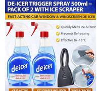 DRW De-Icer Trigger Spray 500ml - Pack of 2 with Ice Scraper | Fast-Acting Car Window & Windscreen De-Icer | Winter Ice Removal Spray for Vehicles