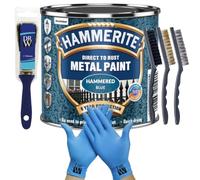 DRW Hammerite Direct to Rust Metal Paint Hammered Blue 250ml 1" Paint Brush, 3 Wire Brush Set & Free Nitrile Gloves | Durable Rust Protection for Indoor & Outdoor Metal