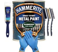 DRW Hammerite Direct to Rust Metal Paint Hammered Dark Green 250ml 1" Paint Brush, 3 Wire Brush Set & Free Nitrile Gloves | Durable Rust Protection for Indoor & Outdoor Metal