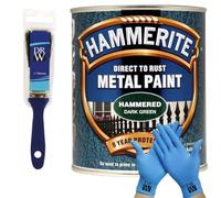 DRW Hammerite Direct to Rust Metal Paint Hammered Dark Green 250ml 1" Paint Brush & Free Nitrile Gloves | Durable Anti-Rust Protection for Indoor & Outdoor Metal