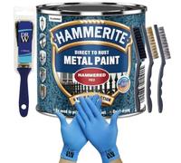 DRW Hammerite Direct to Rust Metal Paint Hammered Red 250ml 1" Paint Brush, 3 Wire Brush Set & Free Nitrile Gloves | Durable Rust Protection for Indoor & Outdoor Metal