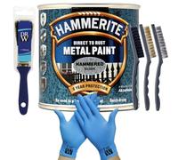 DRW Hammerite Direct to Rust Metal Paint Hammered Silver 250ml 1" Paint Brush, 3 Wire Brush Set & Free Nitrile Gloves | Durable Rust Protection for Indoor & Outdoor Metal