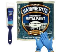 DRW Hammerite Direct to Rust Metal Paint Hammered White 250ml 1" Paint Brush & Free Nitrile Gloves | Durable Anti-Rust Protection for Indoor & Outdoor Metal