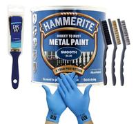 DRW Hammerite Direct to Rust Metal Paint Smooth Blue 250ml 1" Paint Brush, 3 Wire Brush Set & Free Nitrile Gloves | Durable Rust Protection for Indoor & Outdoor Metal