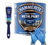 DRW Hammerite Direct to Rust Metal Paint Smooth Blue 250ml 1" Paint Brush & Free Nitrile Gloves | Durable Anti-Rust Protection for Indoor & Outdoor Metal