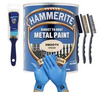 DRW Hammerite Direct to Rust Metal Paint Smooth Cream 250ml 1" Paint Brush, 3 Wire Brush Set & Free Nitrile Gloves | Durable Rust Protection for Indoor & Outdoor Metal