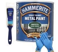 DRW Hammerite Direct to Rust Metal Paint Smooth Dark Green 250ml 1" Paint Brush & Free Nitrile Gloves | Durable Anti-Rust Protection for Indoor & Outdoor Metal