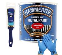 DRW Hammerite Direct to Rust Metal Paint Smooth Red 250ml 1" Paint Brush & Free Nitrile Gloves | Durable Anti-Rust Protection for Indoor & Outdoor Metal