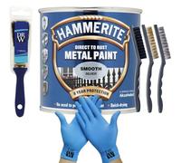 DRW Hammerite Direct to Rust Metal Paint Smooth Silver 250ml 1" Paint Brush, 3 Wire Brush Set & Free Nitrile Gloves | Durable Rust Protection for Indoor & Outdoor Metal
