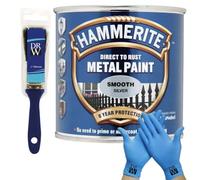 DRW Hammerite Direct to Rust Metal Paint Smooth Silver 250ml 1" Paint Brush & Free Nitrile Gloves | Durable Anti-Rust Protection for Indoor & Outdoor Metal