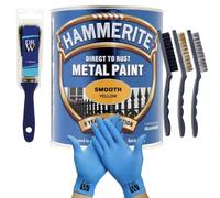 DRW Hammerite Direct to Rust Metal Paint Smooth Yellow 250ml 1" Paint Brush, 3 Wire Brush Set & Free Nitrile Gloves | Durable Rust Protection for Indoor & Outdoor Metal